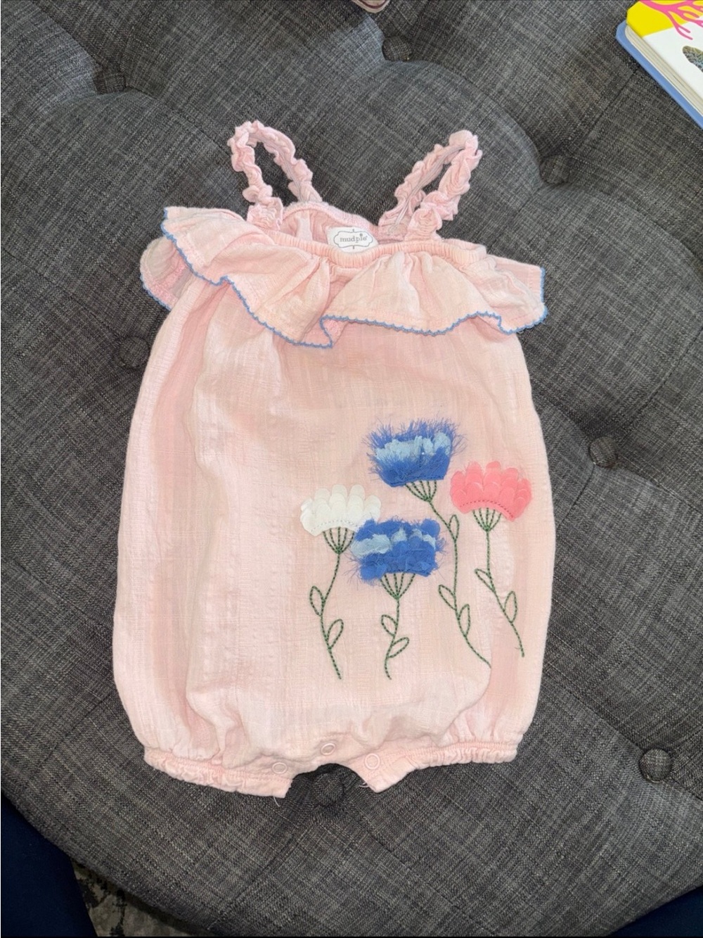 Mud Pie Pink Floral Embroidered Romper with Ruffle Trim